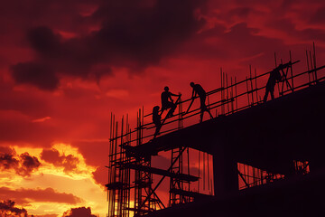 Construction Silhouette: Silhouetted construction workers toil against a dramatic, fiery sunset, their efforts shaping the skyline