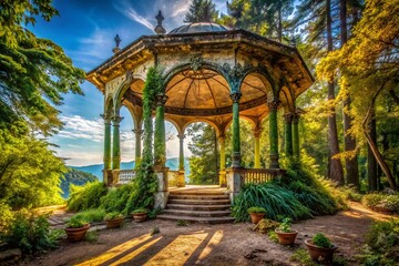 Naklejka premium Historic Croatian Pavilion in Lush Park: Angiolina Opatija Urban Exploration Photography