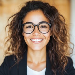 Obraz premium Portrait of a smiling young woman with curly hair wearing glasses.