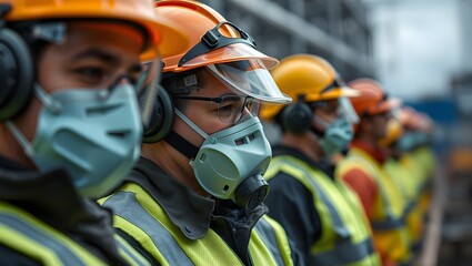 Naklejka premium Construction workers in helmets and masks stand in a line, emphasizing safety measures in a work environment.