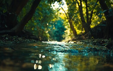 Fototapeta premium Clear stream flowing through lush green forest under warm sunlight in a tranquil setting