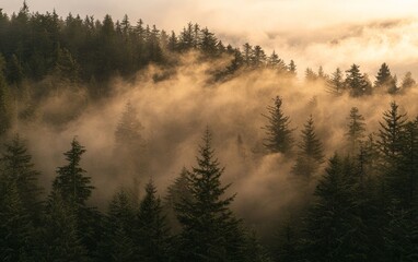 Misty landscape at dawn illuminating trees in a forest with warm hues and soft fog in the distance