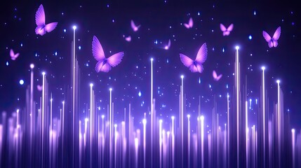 Glowing purple butterflies float above illuminated vertical lines