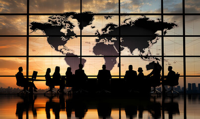 Global Vision: Silhouette of a diverse business team during a meeting, with the world map reflecting on the window glass, and a dramatic sunset in the background.