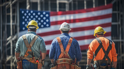 Behind the Build: Three construction workers, seen from behind, stand before the imposing American flag, embodying the spirit of labor, patriotism, and the relentless pursuit of progress.
