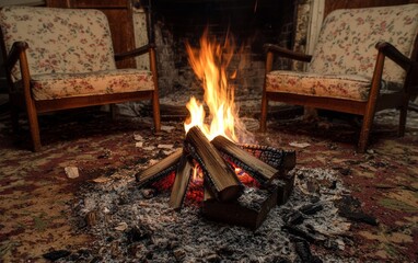 Cozy fireplace creates warmth in a rustic living room with vintage chairs and a patterned rug during winter evenings