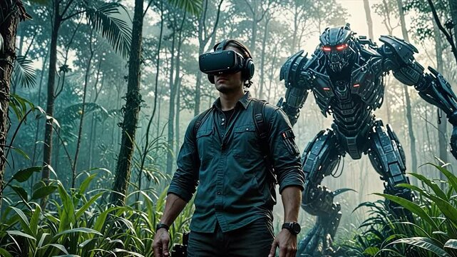 A man in a VR headset explores a dense jungle, unaware of a towering robotic predator with glowing red eyes lurking behind him.