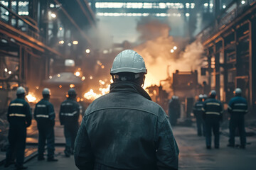 Guardians of the Forge: A stoic industrial worker, clad in protective gear, observes the intense activity and molten processes within a vast industrial facility. Capturing dedication.