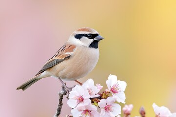 Fototapeta premium Eurasian tree sparrow perched on a flowering cherry blossom branch