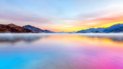 Fototapeta premium Colorful sunrise over calm lake, misty mountains. Peaceful landscape for travel brochures