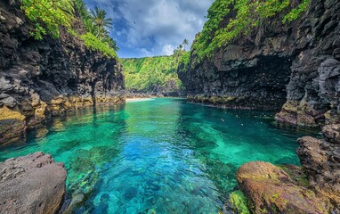 Serene tropical lagoon with clear turquoise water surrounded by lush cliffs in a remote coastal area