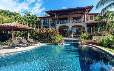 Luxurious tropical villa with a stunning pool and lush gardens in a serene environment