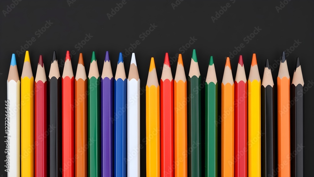 Poster a vibrant array of colored pencils neatly arranged in a row against a dark background, showcasing a 