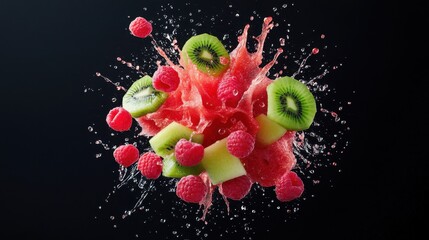 Watermelon, kiwi, and raspberries explode with water droplets on a black background, creating a vibrant display.