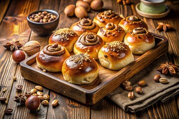 Homemade Yeast Dough Buns with Nuts & Chocolate - Rustic Baking Tray