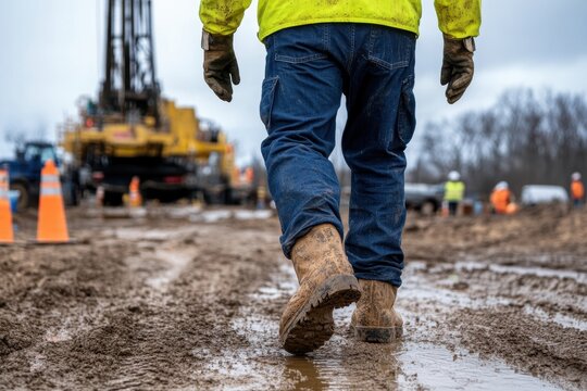 Worker walks through muddy construction site, wearing work boots and safety vest, heavy equipment in background.