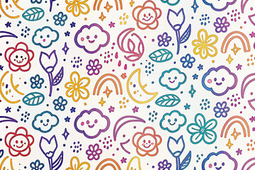 Colorful doodle pattern of flowers, clouds, and moons.  Background pastel rainbow design. Possible use kids' print