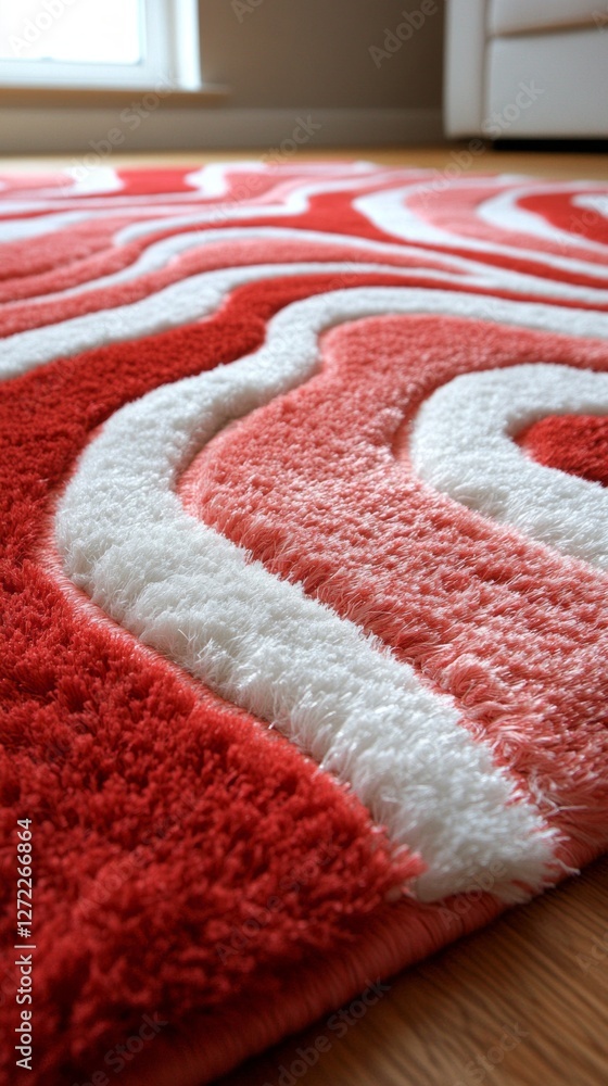 Poster bright red and white shaggy carpet twists and flows on the floor, creating an inviting atmosphere in
