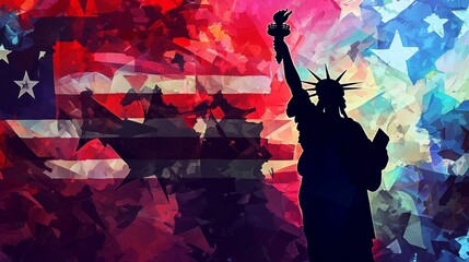 Fototapeta premium Liberty stands tall against a vibrant backdrop of the American flag and colors, symbolizing freedom and unity