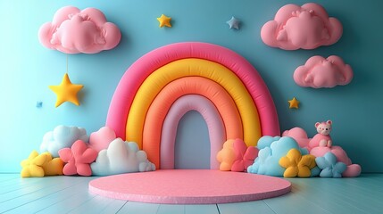 Pastel Rainbow Backdrop With Clouds And Stars For Baby Photos
