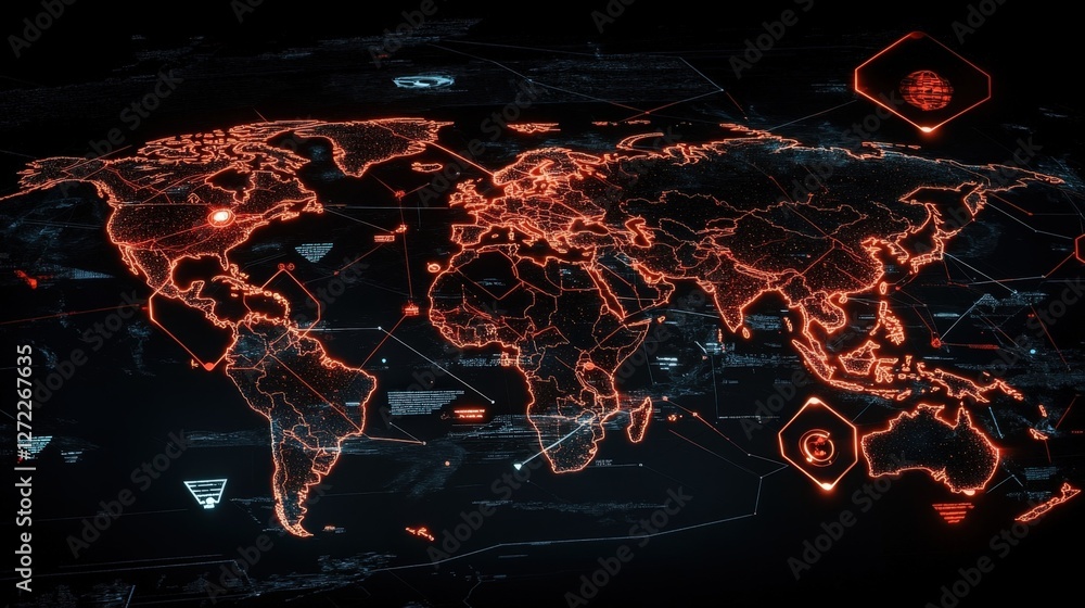 Poster futuristic world map highlighting countries with potential cyber security threats, visualizing globa