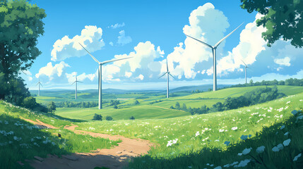 Wind Turbines in the Meadow: A picturesque scene of wind turbines dotting a rolling green meadow, symbolizing sustainable energy and environmental harmony.