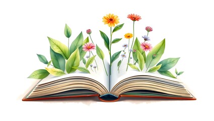 An open book with vibrant flowers and green leaves emerging from its pages, symbolizing knowledge and nature's beauty.