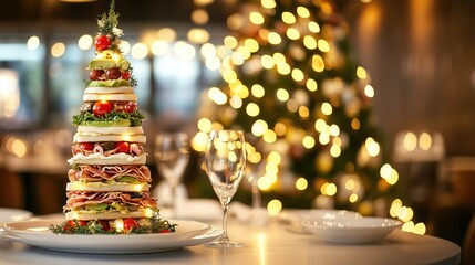 Sandwich christmas tree celebrating festive dinner party, copy space