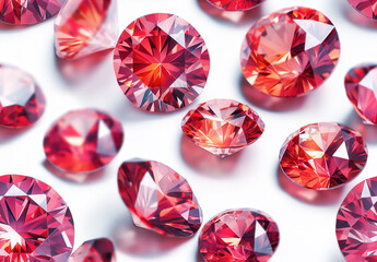 Luxury red gemstones seamless pattern with brilliant cut reflections, ruby diamonds on white background. Sparkling precious jewelry concept