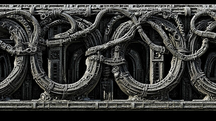 Fototapeta premium Futuristic metallic wall texture, intricate design, dark background, seamless pattern, 3D render, ideal for sci-fi design