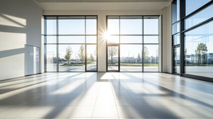 Fototapeta premium Empty modern office space with large windows. Sunlight streams in. Possible use Commercial real estate