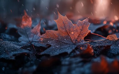 Vibrant autumn leaves glisten in the rain during a serene forest moment at dusk