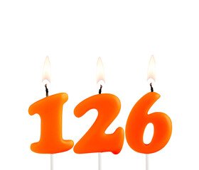 Lit birthday candle - Candle number 126 on white background.