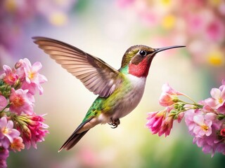 Fototapeta premium Hummingbird in Flight Near Delicate Flowers, White Background - High-Resolution Stock Photo