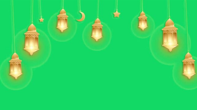 warm yellow 2d animated set of ramadan swinging lanterns flat design holy month vibes motion graphics Islamic footage social media template background on green screen animation mockup