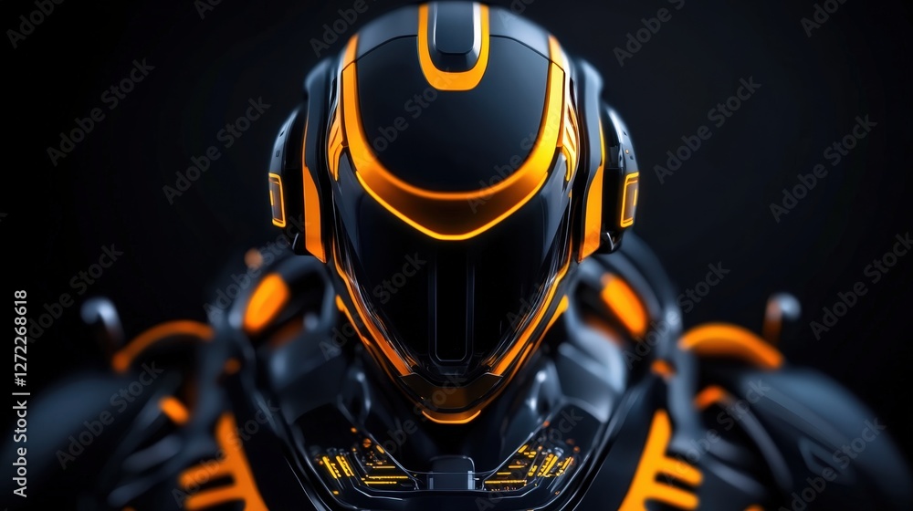 Aufkleber a futuristic robotic figure with a sleek design, featuring a black and orange color scheme. this ima