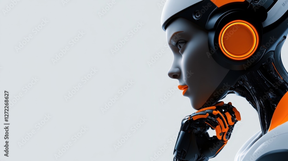 Poster a futuristic robotic figure with a sleek design and glowing headphones, symbolizing the intersection