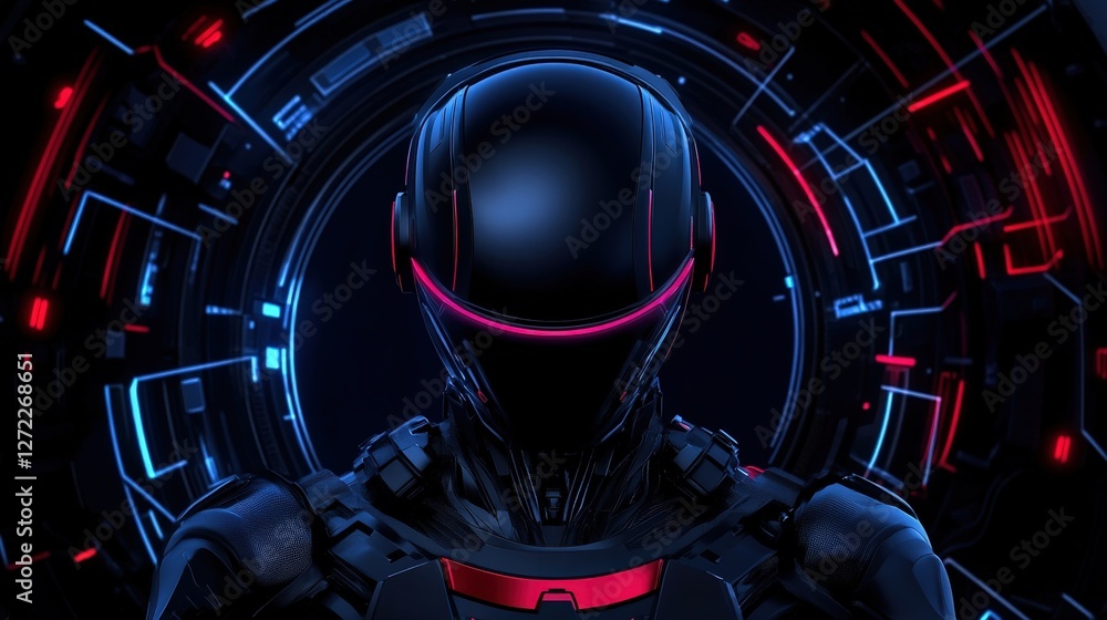Poster a futuristic robotic figure with a sleek design and glowing elements, surrounded by a high-tech back