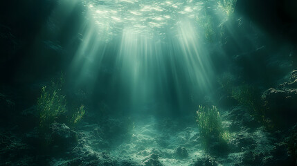 Naklejka premium A surreal underwater scene with beams of sunlight penetrating the deep ocean floor, creating a mystical and tranquil atmosphere