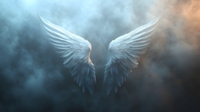 A stunning digital artwork of angelic wings floating in a cloud of mystical smoke
