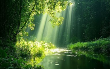 Obraz premium Sunlight filters through the canopy illuminating a serene forest stream during midday hours