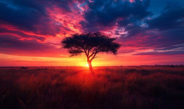 A solitary tree stands silhouetted against a vibrant sunset sky in a grassy field