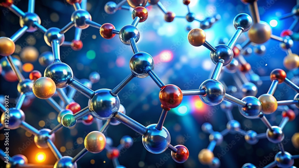 Poster hyperrealistic serotonin molecule bonding: microscopic 3d render of neurotransmitter interaction