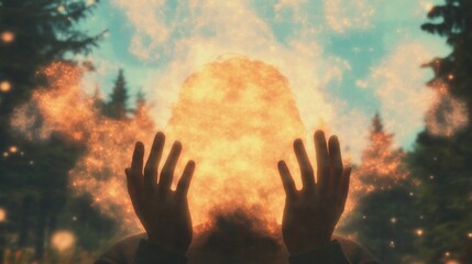 Person with hands raised, enveloped by warm, ethereal light resembling fire in a forest setting.