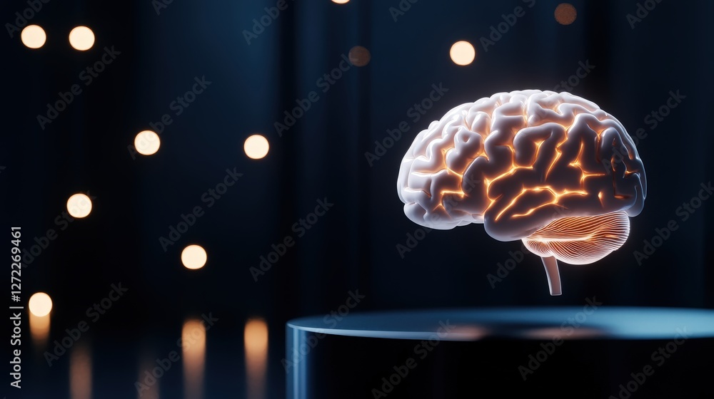 Aufkleber a futuristic representation of a human brain illuminated with soft lights, emphasizing neural connec