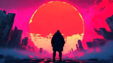 Fototapeta premium A lone figure stands before a colossal red sphere in a futuristic cityscape, bathed in vibrant pink and blue hues.