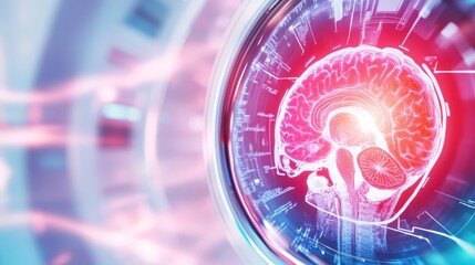 Obraz premium A futuristic representation of a human brain, illuminated with vibrant colors and digital patterns, symbolizing advanced technology and neuroscience innovation.
