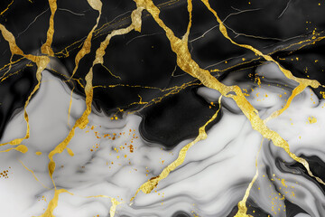 Obraz premium Black and white marble surface showcases intricate gold veins and streaks, offering a luxurious and sophisticated visual texture ideal for artistic projects or design aesthetics.