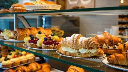 A bakery display showcases croissants, fruit tarts, and pastries under warm lighting - Powered by Adobe