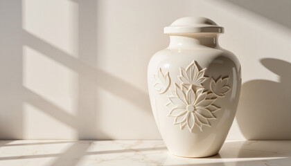 Elegant marble urn with floral engraving in soft lighting, remembrance